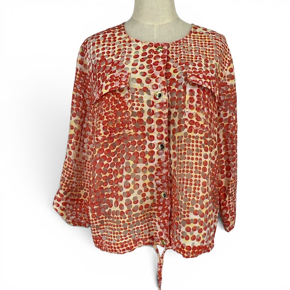 Hearts of Palm Womens 16 Red Orange Dot Print Button Front Drawstring Blouse Top